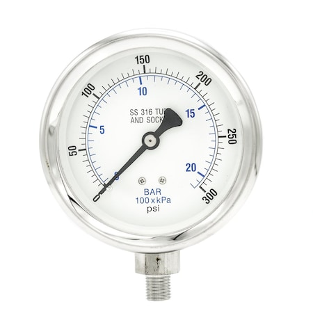 Pic Gauges 4 in Dial, 1/4 in NPT Male Lower Location, Stainless Steel Case Material PRO-301D-404H-01